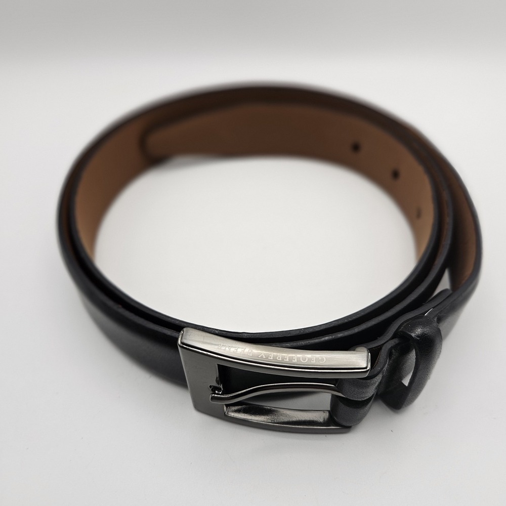 Geoffrey Beene Men's Black Leather Belt – Silver Buckle – Classic Dress Belt 38